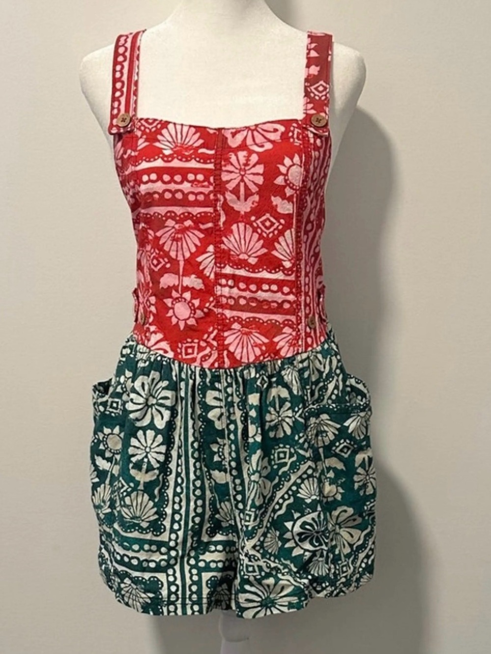 Free People Red and Teal Floral Patchwork Short Romper